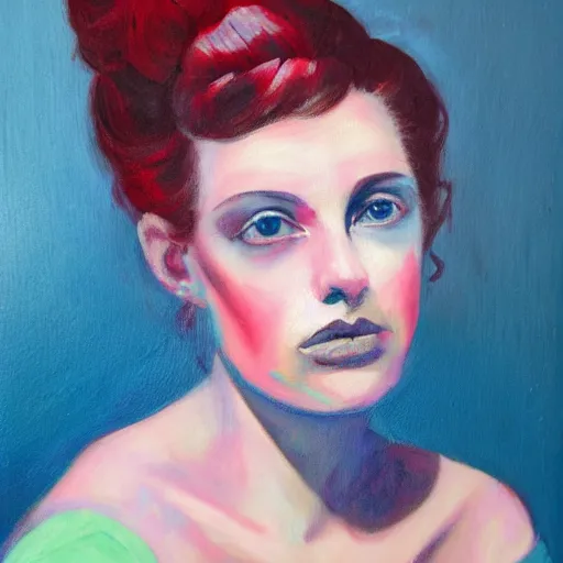 Image similar to romantic painted portrait of a modern woman. has a bit of cyan and pink. masterpiece