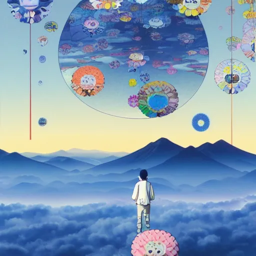 Image similar to a man walking on clouds away from the camera above kyoto by takashi murakami, beeple and james jean, aya takano color style, 4 k, super detailed, modern, 4 k, symmetrical