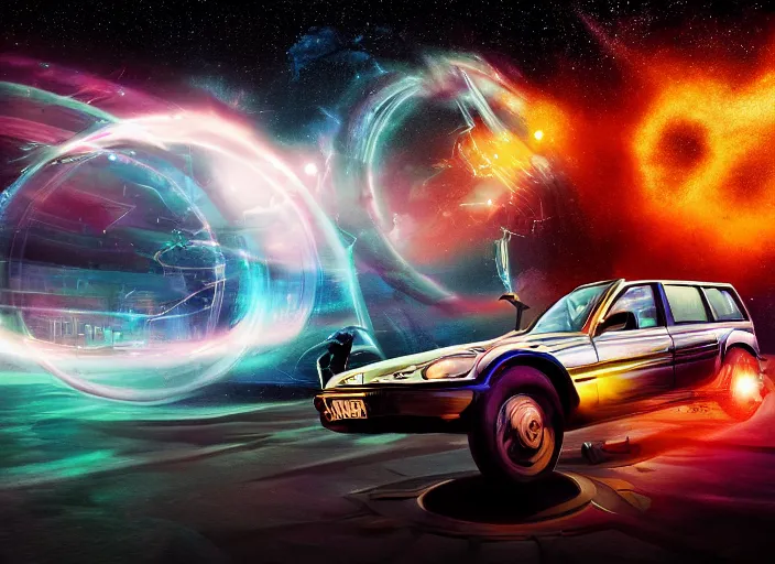 Image similar to volvo time machine flying through space and time, digital art, illustration, 3 d, colourful, amazing, cinema, michael bay style