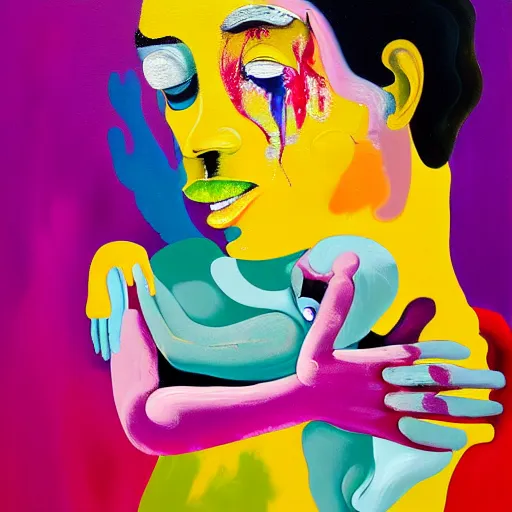 Prompt: woman holding a baby, an ultrafine detailed painting by peter max and francis bacon and fiona rae and hernan bas and anna mond, featured on deviantart, metaphysical painting, pop surrealism, melting paint, biomorphic, mixed media, photorealistic, dripping paint, palette knife texture, masterpiece