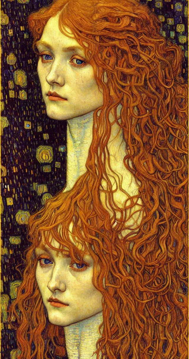 Image similar to detailed realistic beautiful young medieval queen face portrait by jean delville, gustav klimt and vincent van gogh, art nouveau, symbolist, visionary, gothic, pre - raphaelite, muted earthy colors, desaturated