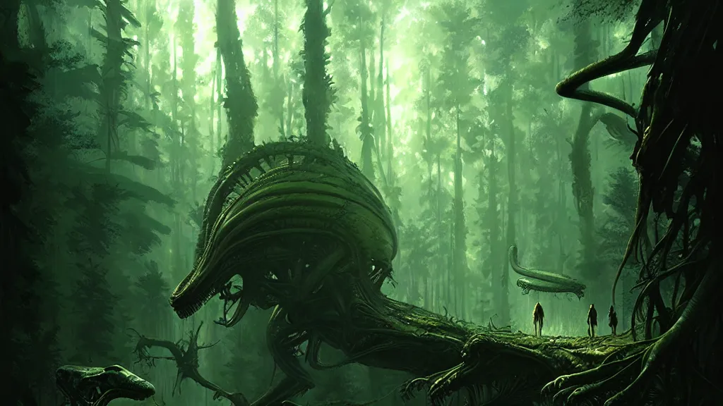 Prompt: alien, lost in the forest, detailed digital art by greg rutkowski.