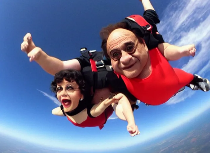Image similar to Danny Devito dressed as a ballerina skydiving