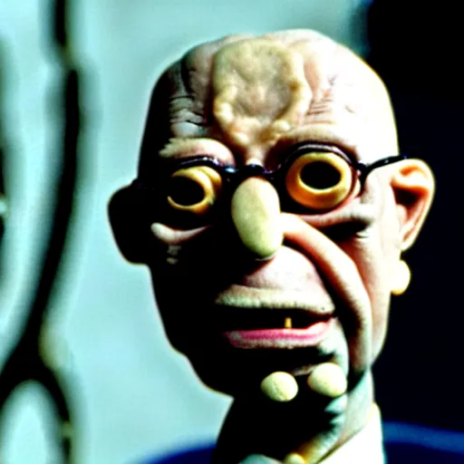 Image similar to claymation klaus schwab by jan svankmajer, hyperrealistic, very detailed, 3 5 mm film still, gothic, horror, eldritch