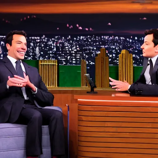 Image similar to cinematic shot of julius caesar being interviewed by jimmy fallon on an episode of the tonight show, 8 k, very detailed, very intricate,