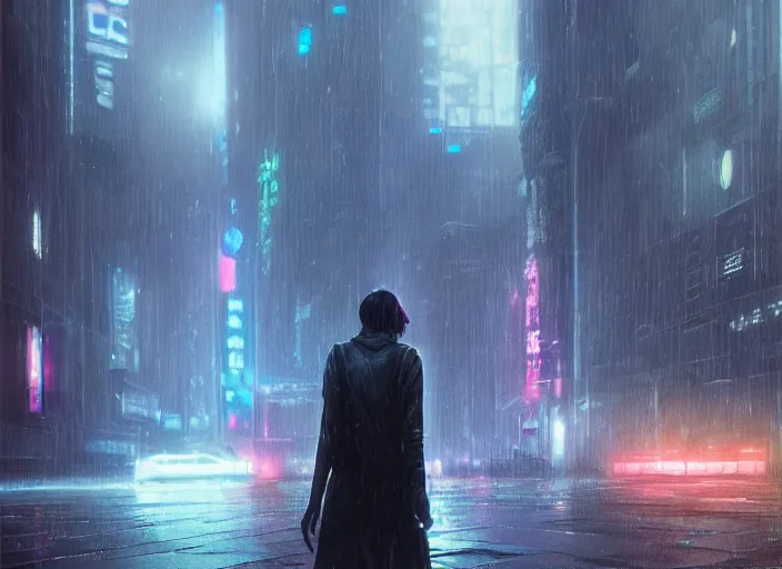 Prompt: giant holographic female standing in the rainy streets, cyberpunk, blade runner, futuristic, intricate, sharp focus, lens flare, bloom, illustration, highly detailed, digital painting, concept art, matte, art by ruan jia and wlop and greg rutkowski, masterpiece