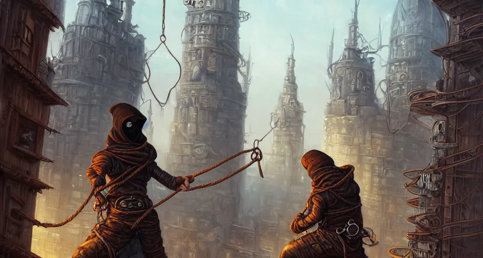 Image similar to landscape painting of a hooded thief in leathers using a rope to climb a tall metal steampunk buildings with a fantasy city, fine details, magali villeneuve, artgerm, rutkowski