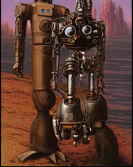 Image similar to steampunk robot, half body by ralph mcquarrie and frank lloyd frank lloyd and bruce pennington and ted nasmith