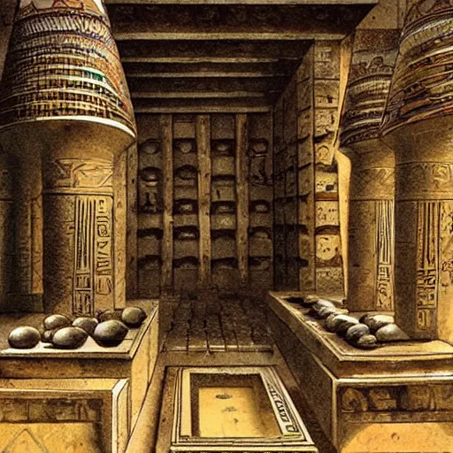 Image similar to an ancient undiscovered egyptian treasure room entirely made of shiny gold, full of ingots and gems and precious, concept art, architecture design, pyramids style, art by de chirico