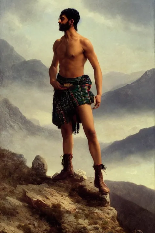 Prompt: a homoerotic portrait by greg rutkowski and albert bierstadt and bill ward of a shirtless brown desi hiker on a mountain peak | he is wearing a revealing tartan kilt, cowboy hat, and leather boots | background is snowy mountains and clouds | trending on artstation
