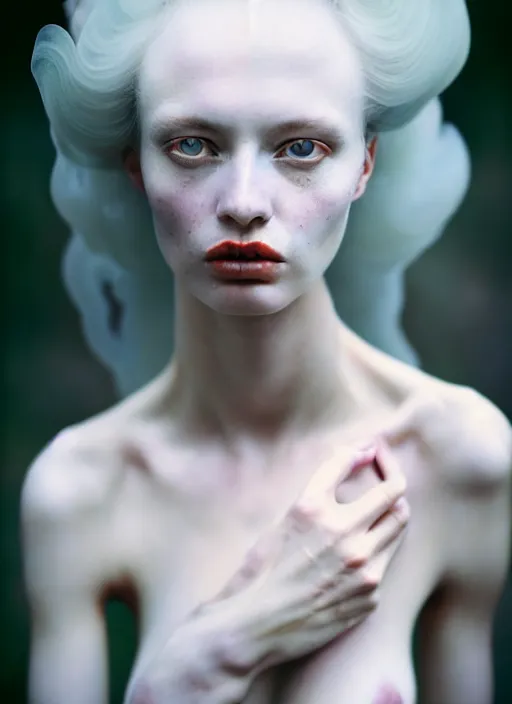 Image similar to cinestill 5 0 d photo portrait of a beautiful hybrid woman in style of tim walker by roberto ferri, weird marble body intricate detailed, hair is intricate style, 5 0 mm lens, f 1. 4, sharp focus, ethereal, emotionally evoking, head in focus, bokeh volumetric lighting, tonal colors outdoor