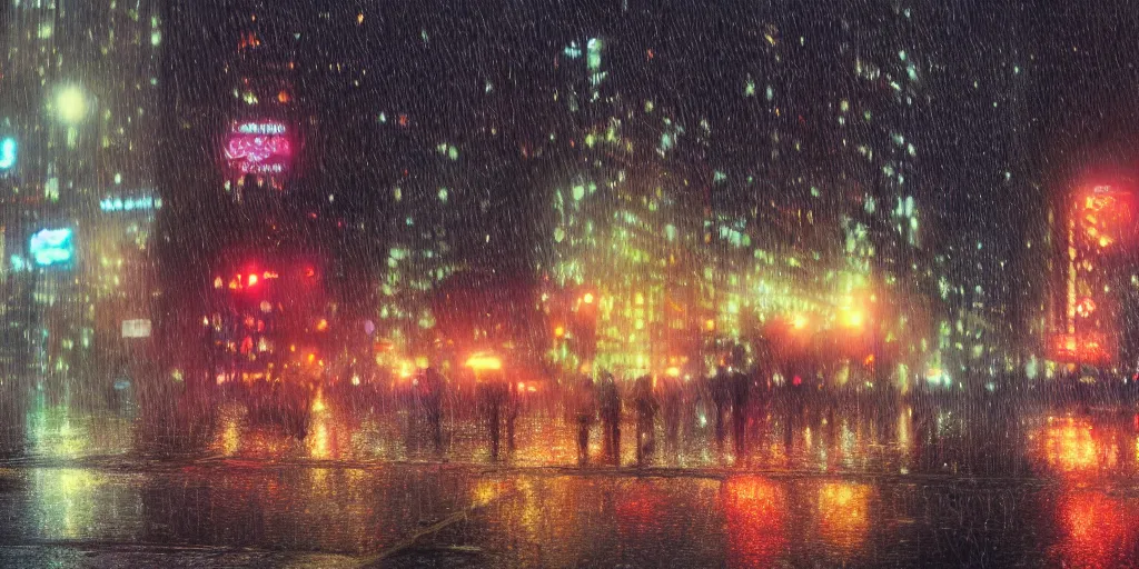 Image similar to a ultra photorealistic film still trough a raincovered window on a rainy but colourful day in new york. sparkling lights, wide shot, frog perspective, ultra sharp, wes anderson, studio ghibli, pixar and disney animation, octane render, anime key art by greg rutkowski, bloom, dramatic lighting