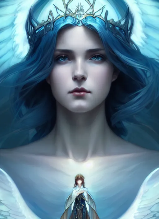 Image similar to a beautiful cinematic female archangel queen, fantasy sea landscape, fantasy magic, short aqua blue black fade hair, dark light night, intricate, elegant, sharp focus, illustration, highly detailed, digital painting, concept art, matte, art by WLOP and Artgerm and Greg Rutkowski and Alphonse Mucha, masterpiece