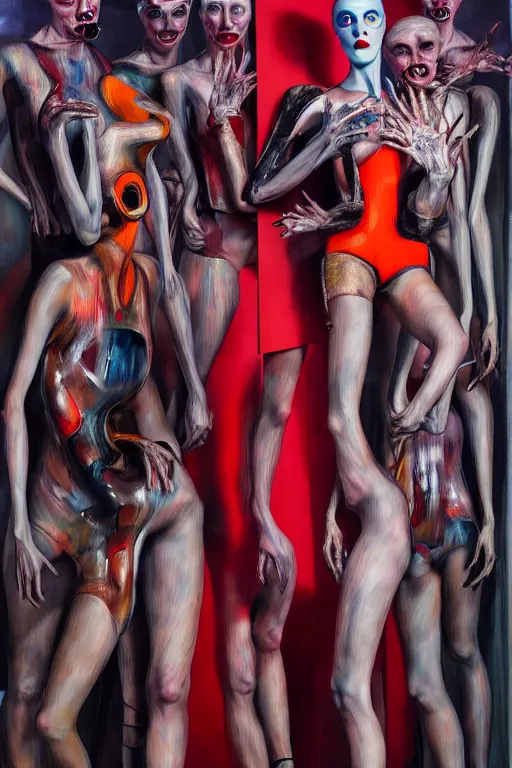 Image similar to crazy fashion catwalk, latex, constructivism, freak show, one model, crazy clothes, biopunk style, horror, hauntingly surreal, highly detailed painting by francis bacon, edward hopper, adrian ghenie, gerhard richter, and james jean 4 k