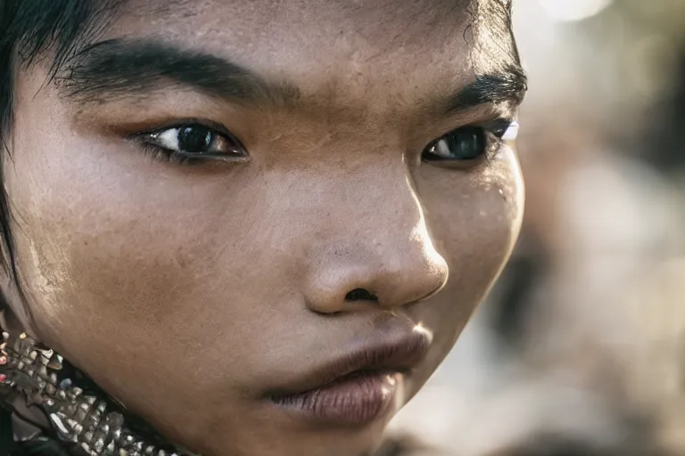 Image similar to close - up portrait photo of a beautiful khmer warrior prince in a battle scene, detailed eyes, shallow depth of field, photorealistic, cinematic lighting, lovely bokeh, warm colours, dusk