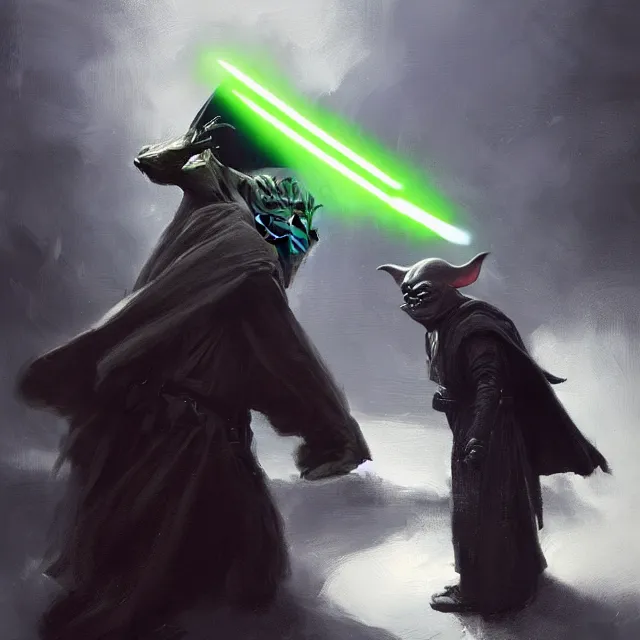 Prompt: a painting of yoda fighting darth vader by greg rutkowski, dark fantasy art, high detail, trending on artstation