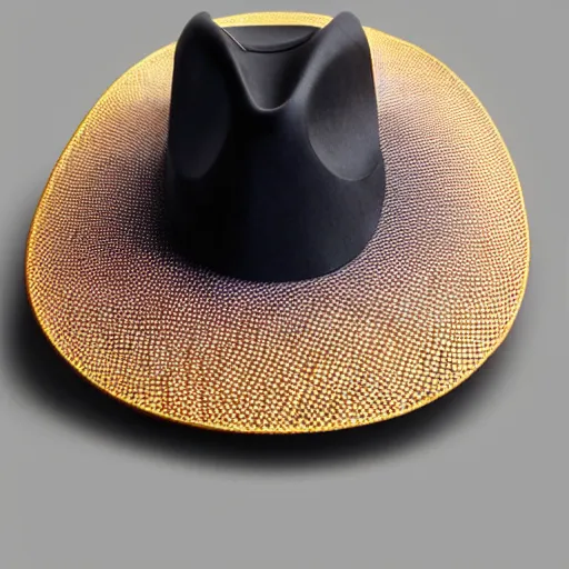 Image similar to [high tech cowboy hat in futuristic colours and fabrics, object design, couture]