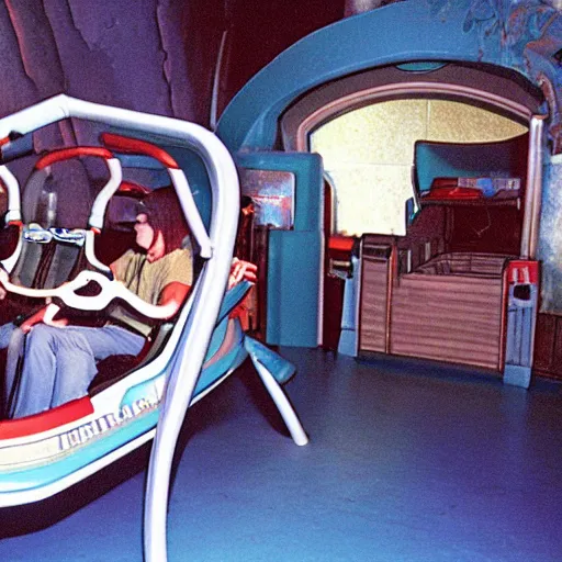 Image similar to 1990s photo of inside the E.T. ride at Universal Studios in Orlando, Florida, riding the flying bike with E.T. , cinematic, UHD