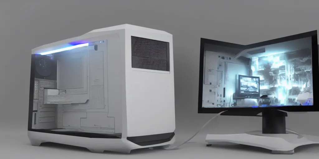Prompt: 3 d render of white pc with rgb lights in a grey room, 8 k, unreal engine, intricate detail