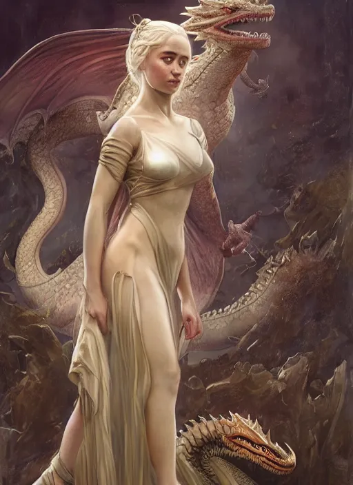 Prompt: a painting of Daenerys Targaryen in fantastic dress next to a dragon, by Jaime Jones,Tom Bagshaw,Lawrence Alma-Tadema,greg rutkowski,deviantart contest winner, fantasy art, daz3d,intricate,elegant,highly detailed,8k,digital painting,concept art, sharp focus, illustration,golden ratio