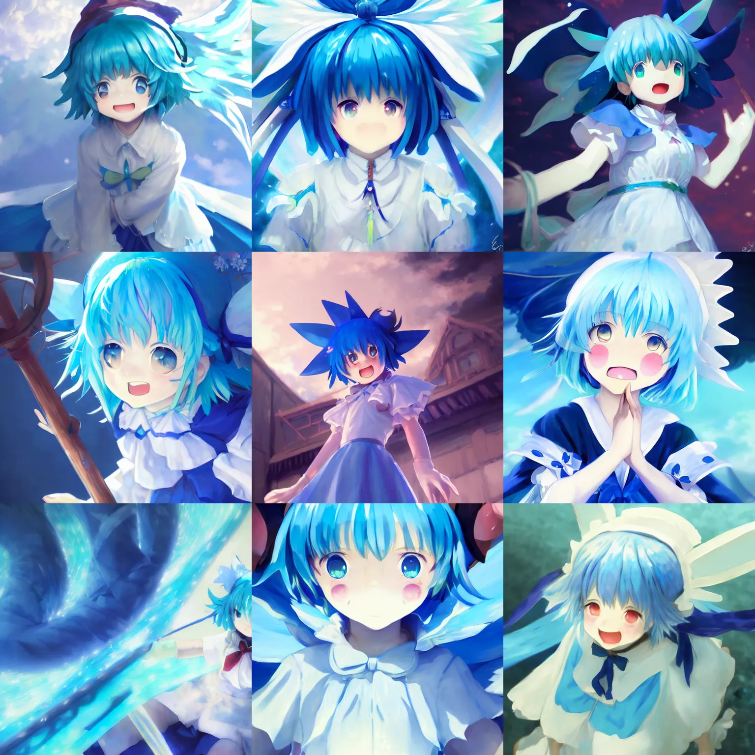 Prompt: pixiv artwork of cirno from touhou project, cirno touhou artwork laughing detailed mouth by greg rutkowski makoto shinkai key art kyoto animation 4 k 8 k ultrahd trending finely detailed sparkling eyes