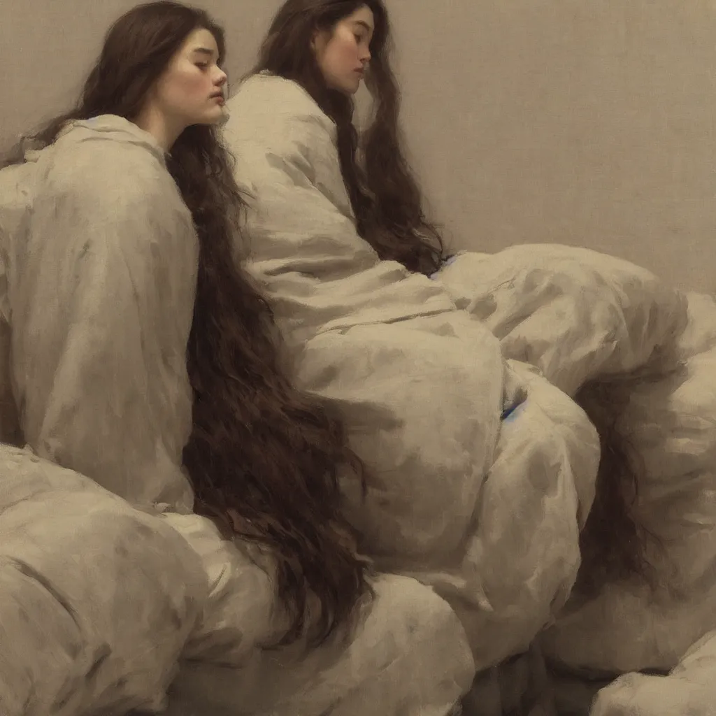 Prompt: girl with long wavy hair, in kimono, backview, sitting on edge of bed, by jeremy lipking, serge marshennikov, joseph todorovitch