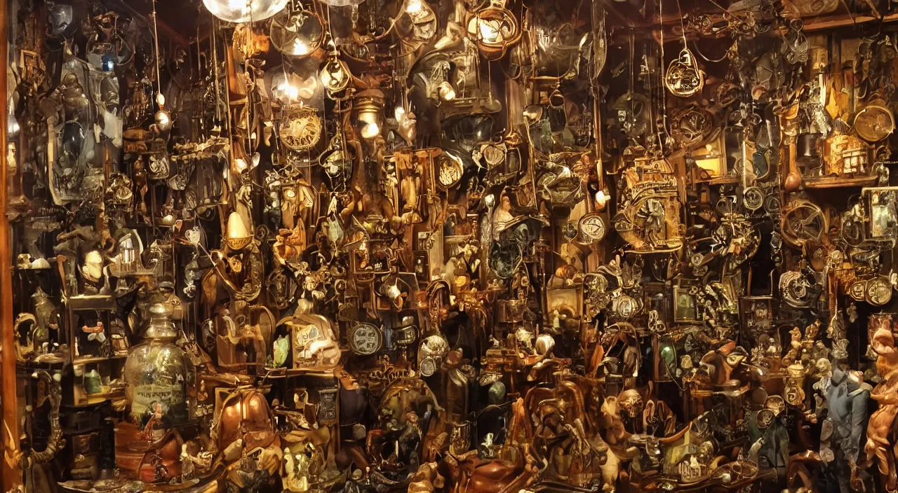 Prompt: closeup of a steampunk shop window by don bluth, photo realistic, completely filled with interesting oddities, things hanging from ceiling, light bulbs, cinematic