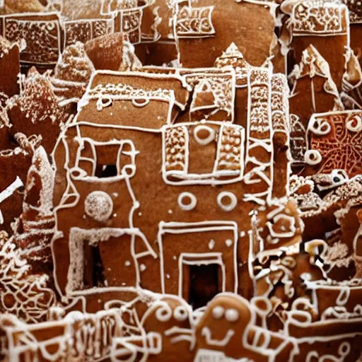 Prompt: dilapidated ruined city made of gingerbread, wreckage of a full - sized towering gingerbread cityscape, dramatic, award - winning photography