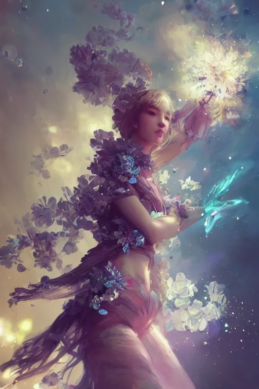 Prompt: beautiful girl covered with crystals exploding space, 3 d render, hyper realistic detailed portrait, holding magic flowers, ruan jia, wlop. scifi, fantasy, hyper detailed, octane render, concept art, peter mohrbacher