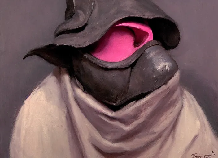 Image similar to a highly detailed beautiful portrait of a pink plague doctor, by gregory manchess, james gurney, james jean