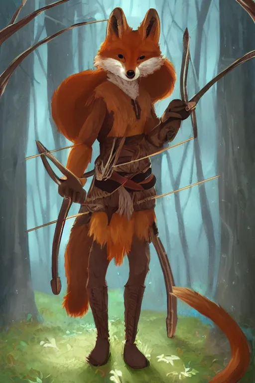 Prompt: a medieval anthropomorphic fox archer with a fluffy tail in a forest, backlighting, trending on artstation, furry art, by kawacy, warm lighting, digital art