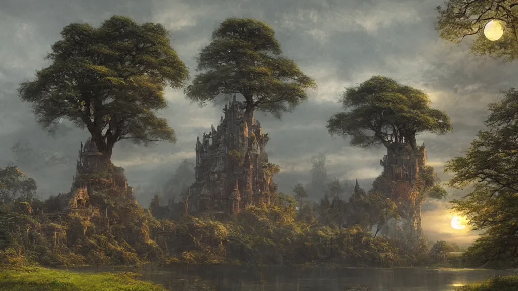 Prompt: A castle on a big magic tree, a huge moon in the sky, volumetric light scattering, ultradetailed, eerie, lustful vegetation, a beautiful pond near, elfs, by Greg Rutkowski, by Feng Zhu