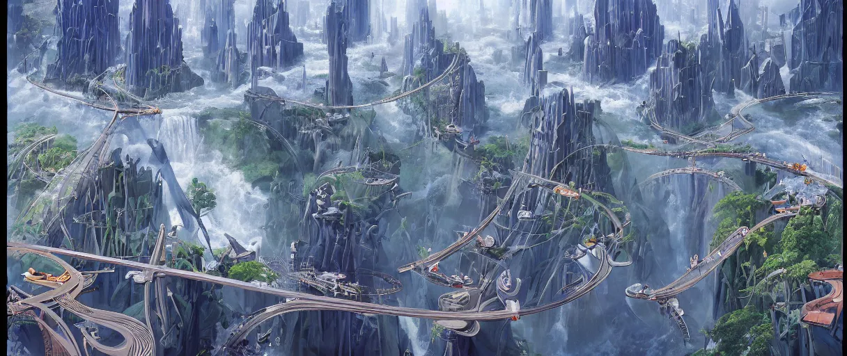 Image similar to A beautiful illustration of a futuristic city of bridges built on a world of waterfalls by Robert McCall and Ralph McQuarrie | sparth:.1 | Time white:.2 | Rodney Matthews:.2 | Graphic Novel, Visual Novel, Colored Pencil, Comic Book:.4 | unreal engine:.3 | | viewed from above | establishing shot:.7