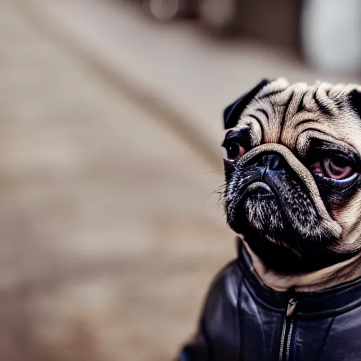 Image similar to photograph of a pug wearing a leather jacket smoking a cigarette