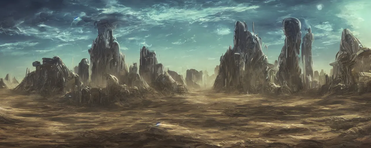 Prompt: Alien desert planet future cityscape