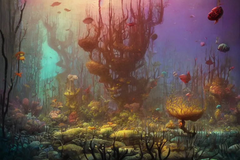 Image similar to Fantastical underwater forest by Shaun Tan and Eywind Earle, trending on artstation