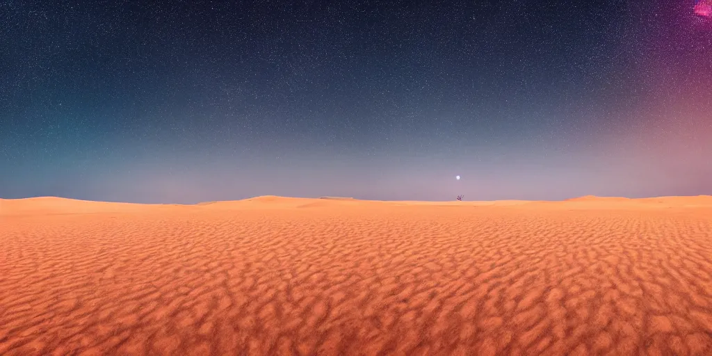 Prompt: a single red rose is growing in the middle of the desert. beautiful starry sky and sand dunes can be seen in the background. wide angle shot, 4 k, golden hour.