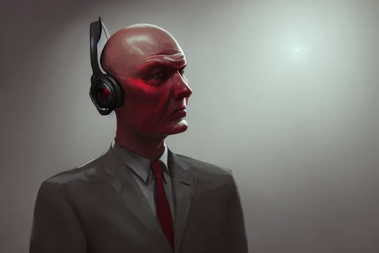 Prompt: an expressive portrait of agent 4 7 wearing headphones in a monastery, dark background, red rim light, digital art, artstation, concept art by giger stalenhag