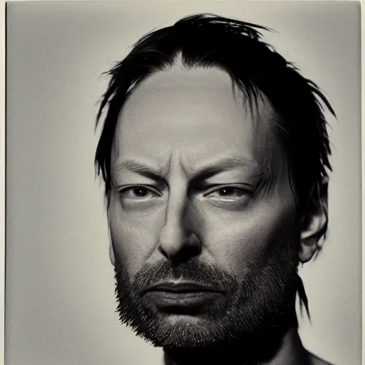 Image similar to Radiohead, Thom, with a beard and a black shirt, a computer rendering by Martin Schoeller, cgsociety, de stijl, uhd image, tintype photograph, studio portrait, 1990s, calotype