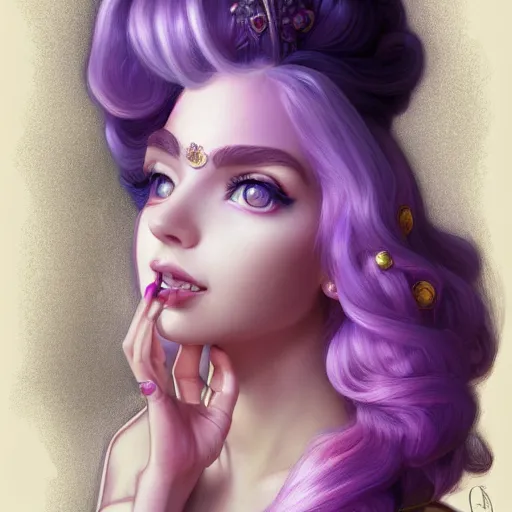 Image similar to portrait of princess peach, nose ring, upper body, purple hair, long hair, joyful smirk, intricate, smoking weed, elegant, highly detailed, digital painting, artstation, concept art, matte, sharp focus, illustration, art by artgerm and greg rutkowski and alphonse mucha