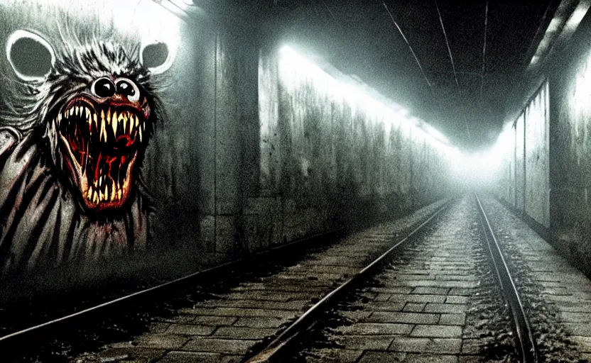 Image similar to very large giant mutant zombie irradiated ( angry rat ) staying on railways in tonnel of moscow subway. tonnel, railways, giant angry rat, furr, fangs, claws, very realistic. fog, extreme long shot, herman nitsch, giger.