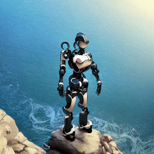Image similar to ( anime!! humanoid robot ) ( standing on top of a large cliff ) overlooking the sea, anime!! artistic artstation