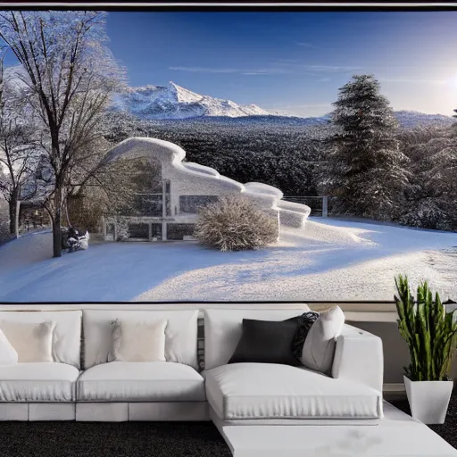 Image similar to a photo from the back of a landscape of a house with views on snowy mountains, high detailed, hyper realistic, art station, 4k, 8k, atmosphere, cgstation