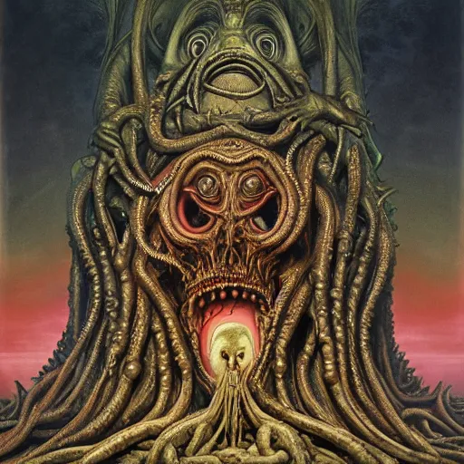 Image similar to monstrous and twisted altar with a statue to a many eyeballs, pustule, boil, veiny and four armed cthulhu statue, flayed skulls, slimy tentacles twisting in lotus position. in the style of hr giger and zdzisław beksinski and frank frazetta. golden hour. biomechanical oil painting horror gothic hyperrealistic detail