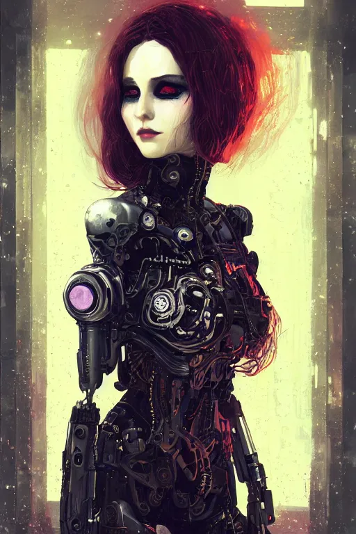 Image similar to portrait of beautiful young gothic cyborg maiden. cyberpunk, Warhammer, highly detailed, artstation, illustration, art by Ilya Kuvshinov and Gustav Klimt