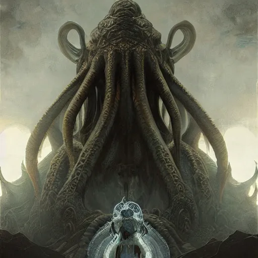 Image similar to human looking at big puppeteer of Cthulhu, hyperdetailed, artstation, cgsociety, by greg rutkowski, by Gustave Dore