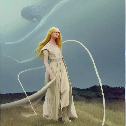 Prompt: Elle Fanning in the painted world of Star Wars, head and shoulders masterpiece, apocalypse, golden hour, cosmic horror, artstation, in the style of Andrew Wyeth and Edward Hopper and Bosch, extremely detailed