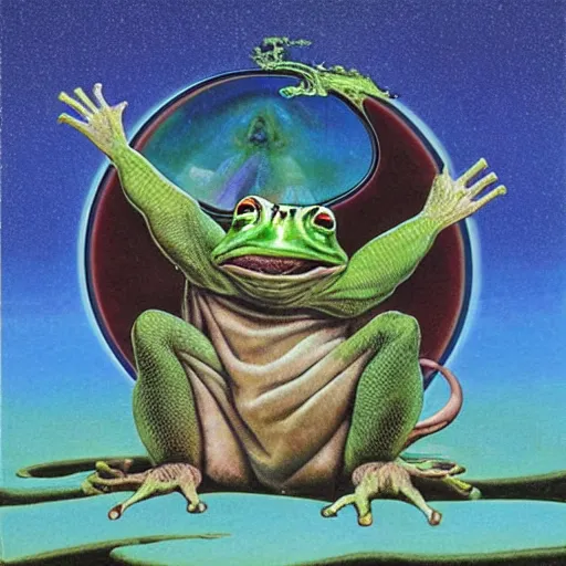 Image similar to progressive rock album cover of an elder wizard frog casting a world ending spell, in the style of Roger Dean