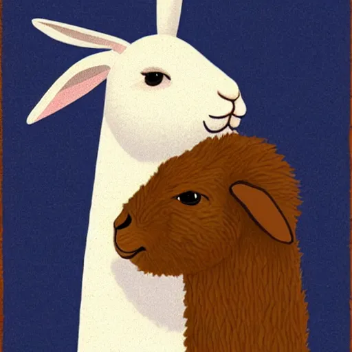 Prompt: a rabbit lovingly kissing an alpaca's cheek in the style of will barnet