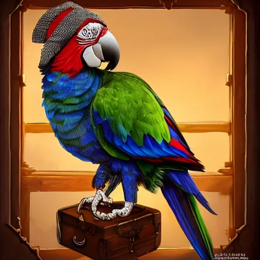 Prompt: Anthropomorphized parrot trader in his shop, medium shot, hands on counter, items, weapons, magic potions, trinkets, carpet, lamps, window, fancy hat, warm light, sly expression, cunning expression, cute expression, long thick shiny black beak, D&D, fantasy, cinematic lighting, highly detailed, digital painting, artstation, concept art, smooth, sharp focus, illustration, warm light, cozy warm tint, strong colours, magic the gathering artwork, volumetric lighting, 8k, art by Akihiko Yoshida, Greg Rutkowski